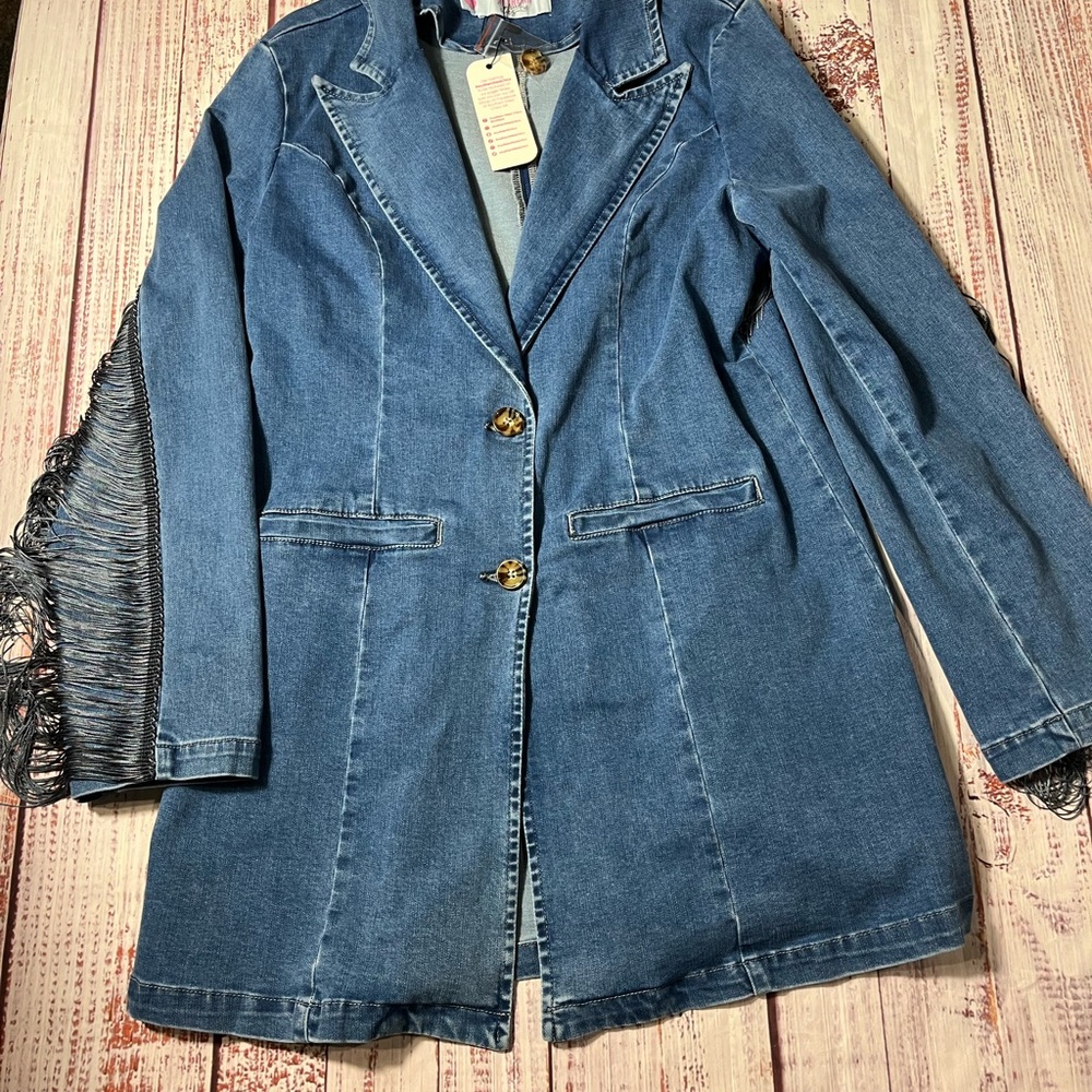 Denim Fringe Longline Jacket - Blue - Picture 5 of 6